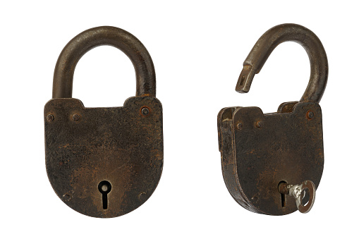 two padlocks locked and unlocked isolated on white background