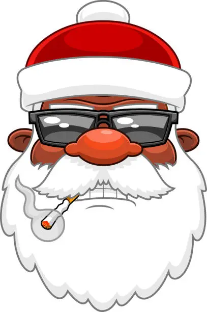 Vector illustration of Bad African American Black Santa Face Cartoon Character With Sunglasses Smoking Cigarette