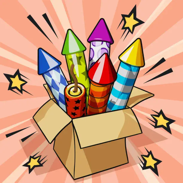 Vector illustration of Bright and glossy firework rockets in carton box. Christmas and New Year celebration concept. Vector illustration on abstract radiant background