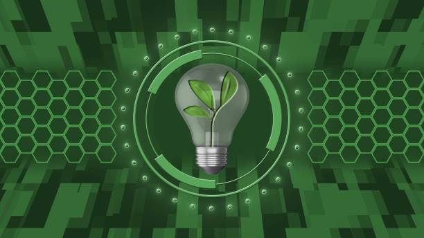 istock Green energy renewable eco saving ecology concept - plant in lightbulb inside HUD elements on digital technology background 1358914997
