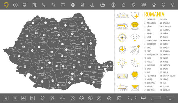 ilustrações de stock, clip art, desenhos animados e ícones de detailed monochrome map of romania, gray country territory with geographic borders and administrative divisions on white background, travel icons set, vector illustration - constanta
