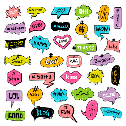 Hashtags. Communication trendy fun social world in speaking bubbles teenagers slang recent vector illustration templates. Communication social tag for promotion and speech