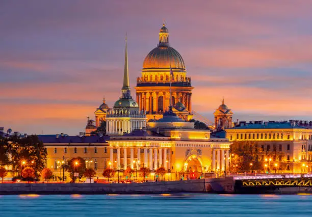 Saint Petersburg cityscape with St. Isaac's cathedral, Admiralty building and Palace bridge at sunset, Russia