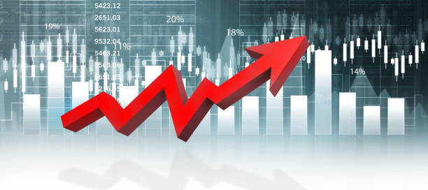 istock Moving arrow on stock market graph chart 1358921687