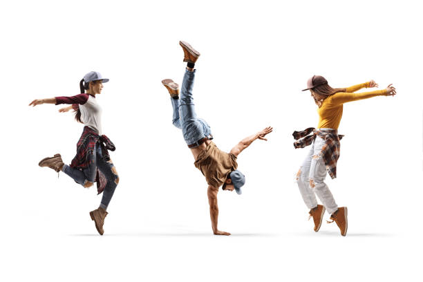 여성 댄서 2명과 남성 댄서 1명이 손 스탠드를 연주하다 - dancing dancer hip hop jumping 뉴스 사진 이미지