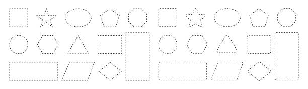 illustrations, cliparts, dessins animés et icônes de formes de ligne de tiret. contour en pointillés du cercle, du carré, de l’étoile, du triangle, de l’ovale et du cœur pour le coupon. conception de bordure pour les formes géométriques de base. icône du cadre coupé. vecteur - hyphen