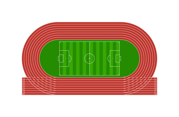 ilustrações de stock, clip art, desenhos animados e ícones de run track with football stadium. field for soccer and runner arena with tracks. top view on sport or athletic arena. racetrack with line, 8 pathways, start, finish. vector illustration olympic game - running track