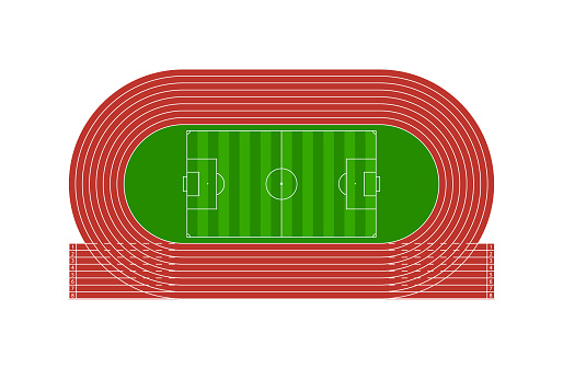 Run track with football stadium. Field for soccer and runner arena with tracks. Top view on sport or athletic arena. Racetrack with line, 8 pathways, start and finish. Vector illustration olympic game