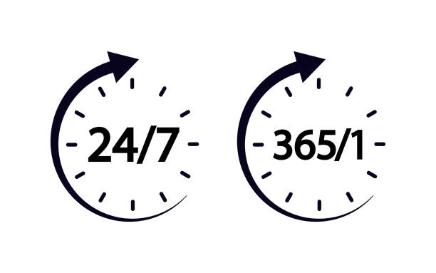 24時間365日の時間時計アイコン。24時間365日オープン、サービスとサポート。顧客とヘルプのための24時間コールセンター。ヘルプライン、アシスタンス、配達のシンボル。丸い線の記号。ベ� - clock face store time sign点のイラスト素材／クリップアート素材／マンガ素材／アイコン素材