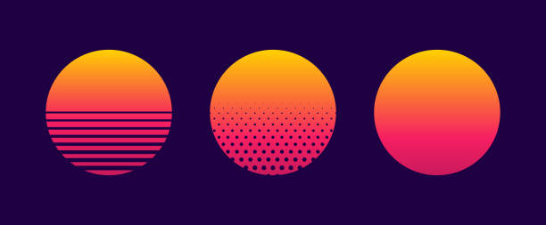 80年代または90年代のレトロな夕日。サイバーパンクのための太陽の背景、80 sのディスコとマイアミの日の出。夏のロゴのためのネオングラデーショングラフィックのセット。チラシ、音楽� - number 80点のイラスト素材／クリップアート素材／マンガ素材／アイコン素材