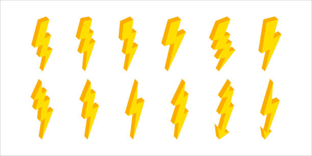 3d 번개. 등등 측정 번개 아이콘. 천둥과 에너지의 플래시. 볼트와 벼락. 폭풍우 속에서 번개가 나는 전력. 빠른, 충전, 배터리 및 위험에 대한 요소. 벡터 - wireless technology flash stock illustrations