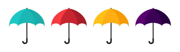illustrations, cliparts, dessins animés et icônes de icône parapluie. icônes de parapluie de dessin animé. parasols colorés pour la pluie, l’eau et le soleil. parasol avec poignée. couleurs jaune, bleu, rouge. illustration vectorielle plate - parapluie