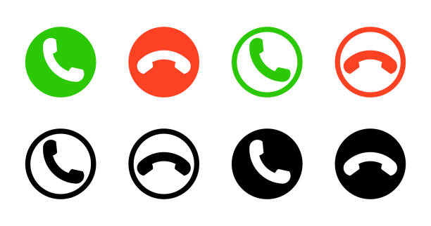 전화에서 아이콘을 호출합니다. 답변 또는 거절 버튼입니다. 모바일 통화를 종료하거나 수락할 수 있는 녹색, 빨간색 및 검은색 아이콘입니다. 들어오는 및 외향의 상징. 벡터 - phone stock illustrations