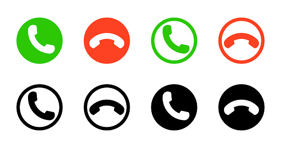 Call icon in phone. Button for answer or decline. Green, red and black icons for end or accept of mobile call. Symbol of incoming and outgoing. Vector.