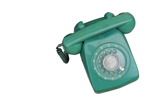 top view green telephone on white background, object, retro, vintage, fashion, decor, copy space