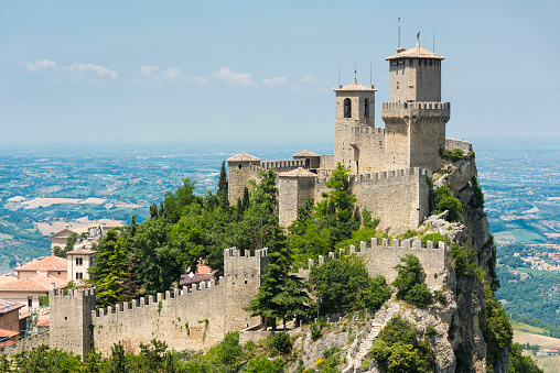 Mighty Guaita Tower and fortress on Mount Titano above the Republic of San Marino
