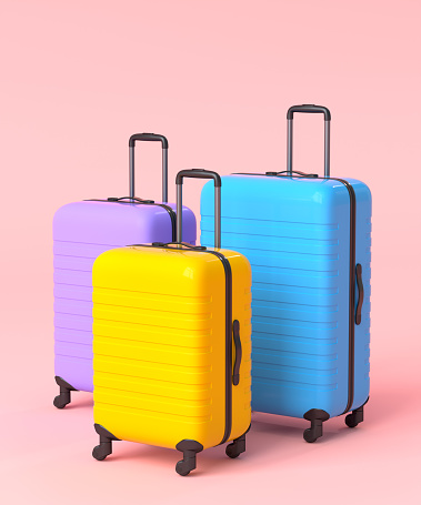 Colorful suitcase or baggage on pink background. 3D render of summer vacation concept and holidays