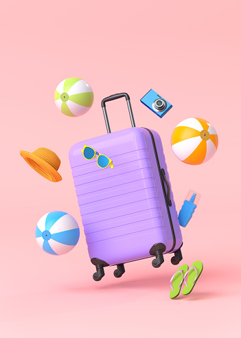 Colorful suitcase or baggage with beach accessories on pink background. 3D render of summer vacation concept and holidays