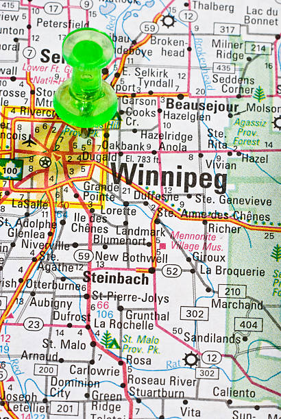 Winnipeg, Canada Close up of the old map showing Winnipeg, Canada. Please check out my maps lightbox for more similar images. http://i70.photobucket.com/albums/i102/mzelkovi/maps-1.jpg canada road map stock pictures, royalty-free photos & images