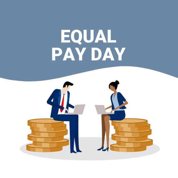 Vector illustration, men and women with different skin tones, sitting on the same pile of coins, as a banner or poster, Equal Pay Day. Vector illustration, men and women with different skin tones, sitting on the same pile of coins, as a banner or poster, Equal Pay Day. gender equality at work stock illustrations