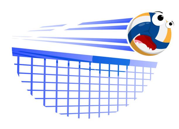 ilustraciones, imágenes clip art, dibujos animados e iconos de stock de la bola de voleibol ruidosa y divertida y asustada vuela con gran velocidad después de un gran golpe sobre la red. equipamiento deportivo. vector de dibujos animados - golf ball circle ball curve