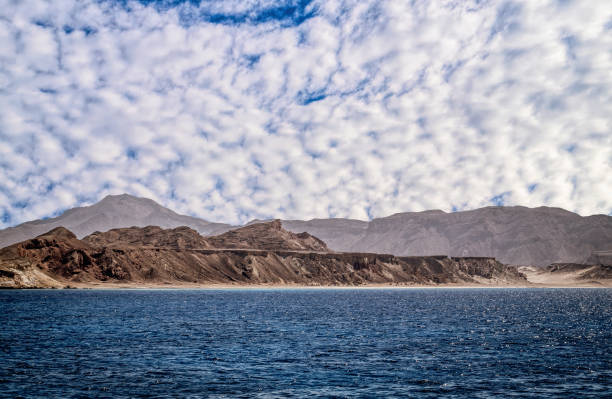 Tiran Island, Red Sea coast, Saudi Arabia rocky desert coast of Tiran Island in Saudi Arabia. Asian coast of the Red Sea. Tourism and summer trip to coral reefs arabian peninsula stock pictures, royalty-free photos & images