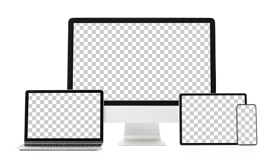 Maqueta de diferentes gadgets tecnológicos con patrón transparente en pantallas, aislados sobre fondo blanco photo