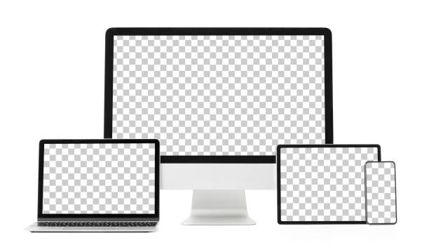 Mockup of different tech gadgets with transparent pattern on screens, isolated on white background Mockup of different tech gadgets with transparent pattern on screens, isolated on white background. Mockup of different gadgets for your design device mockups stock pictures, royalty-free photos & images