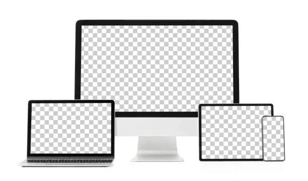 Mockup of different tech gadgets with transparent pattern on screens, isolated on white background. Mockup of different gadgets for your design