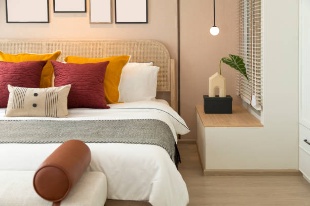 istock Red brown tone pillow setting in bedroom. 1358931422