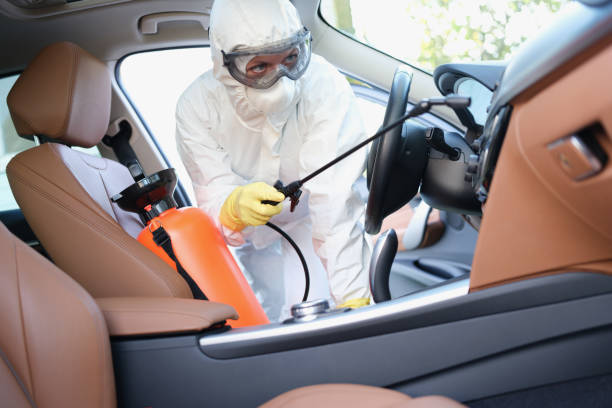 istock Hazmat female worker cleanse car interior with spray disinfectant 1358931504