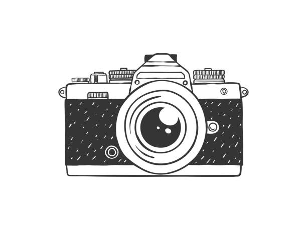 фотоаппарат. ретро рисованная камера. иллюстрация в стиле эскиза. векторное изображение - art product flash stock illustrations