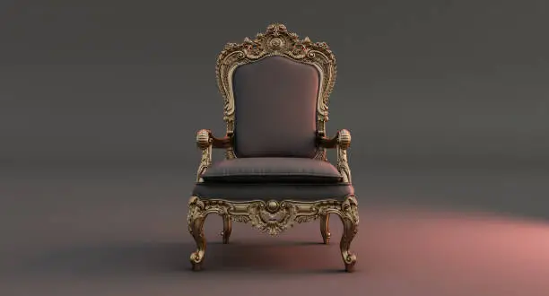 Throne Chair Isolated isolated on dark background. black royal chair, 3d render