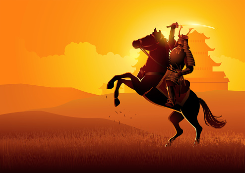 Vector illustration of samurai general on horseback