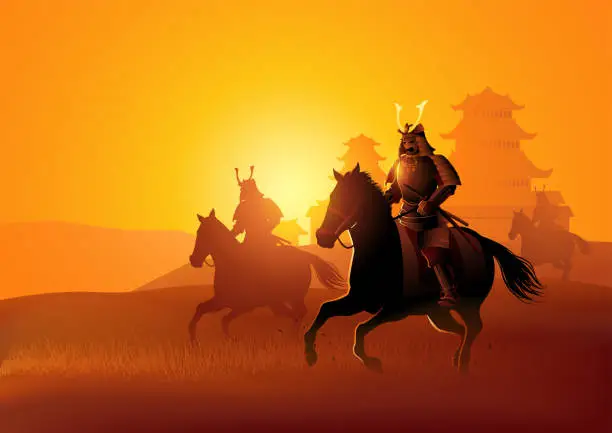 Vector illustration of Group of samurai on horseback