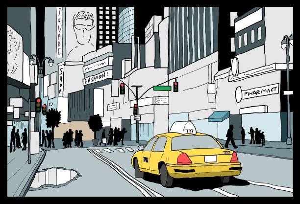ilustraciones, imágenes clip art, dibujos animados e iconos de stock de noche en la ciudad de nueva york - times square