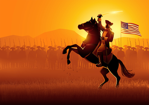 Vector illustration of a general leading his army on battlefield in the American revolutionary war
