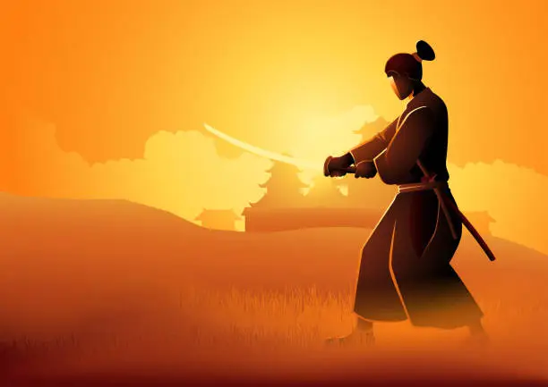 Vector illustration of Samurai training on grass field