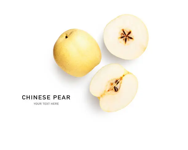 Chinese pear fruits composition and creative layout isolated on white background. Healthy eating and dieting food concept. Nashi pears design element. Top view, flat lay