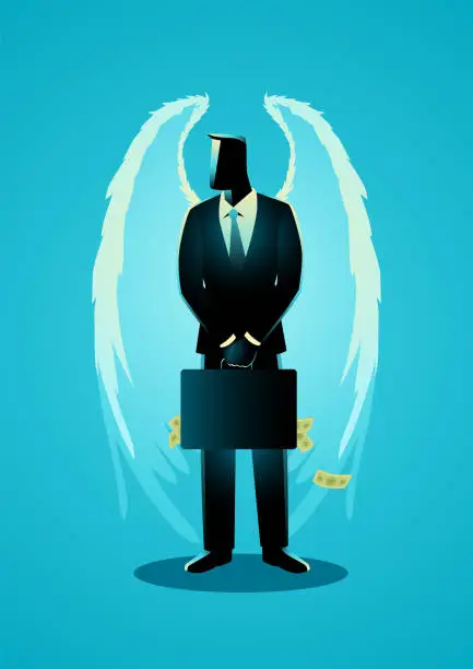 Vector illustration of Businessman with angel wings carrying suitcase full of money