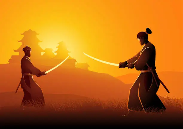 Vector illustration of Two Samurai in duel stance facing each other on grass field
