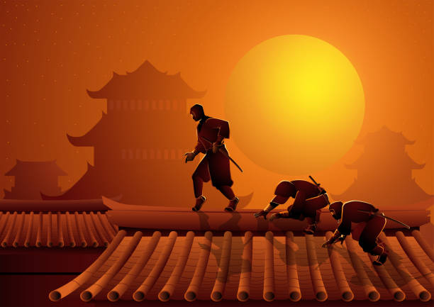 ilustrações de stock, clip art, desenhos animados e ícones de ninjas are sneaking up on the roof top to carry out a secret mission - ninja
