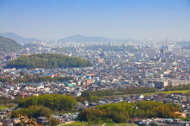 Himeji City, Japan. Cityscape seen from surrounding mountains.