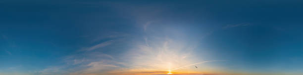 istock Dark blue sunset sky panorama with Cirrus clouds. Seamless hdr pano in spherical equirectangular format. Complete zenith for 3D visualization, game and sky replacement for aerial drone 360 panoramas 1358936706