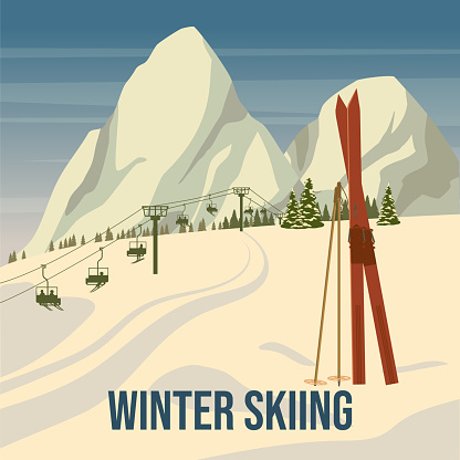 Vintage Mountain winter resort Alps, with wooden old fashioned skis and poles. Snow landscape peaks, slopes. Travel retro poster, vector illustration flat style