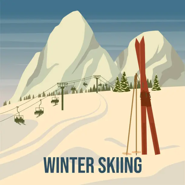 Vector illustration of Vintage Mountain winter resort Alps, with wooden old fashioned skis and poles. Snow landscape peaks, slopes. Travel retro poster