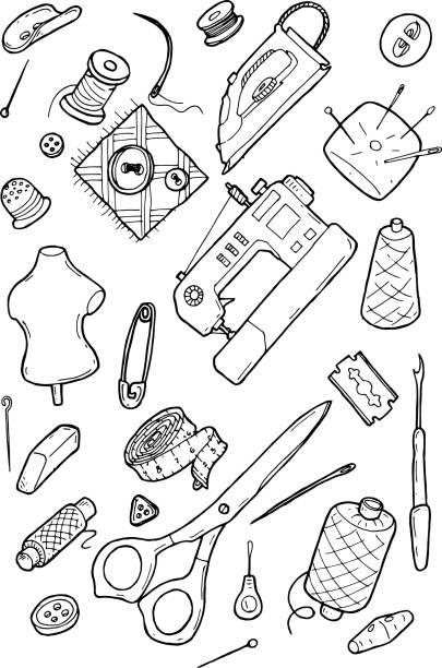 ilustrações de stock, clip art, desenhos animados e ícones de sewing supplies and equipment doodle - sewing dressmakers model tape measure mannequin