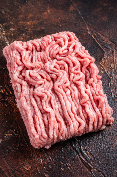 istock Raw ground chicken or turkey meat on brown table. Dark background. Top View 1358941640
