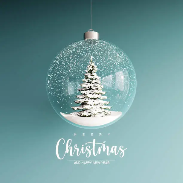Photo of Snowy Christmas tree in glass ball with text on turquoise background