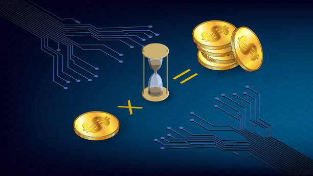 istock Isometric concept of earning coins during staking time with gold coins USD dollars and hourglass and PCB tracks on dark blue background. Header or banner. 1358942909